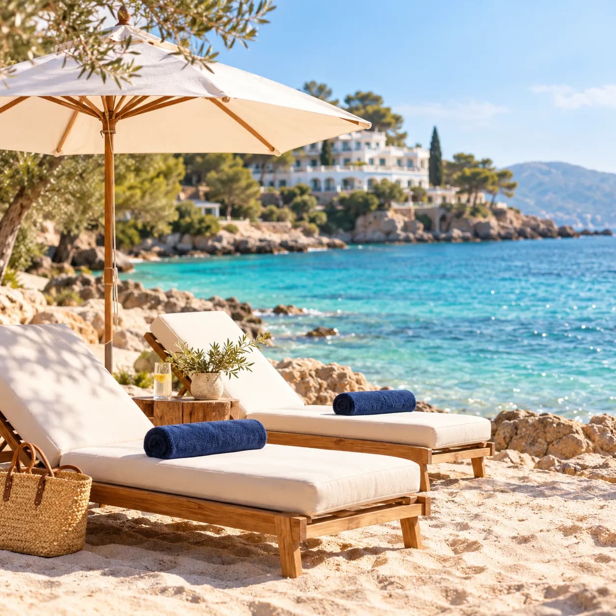 Sonnenliegen an einer türkisblauen Bucht – Urlaubsinspiration